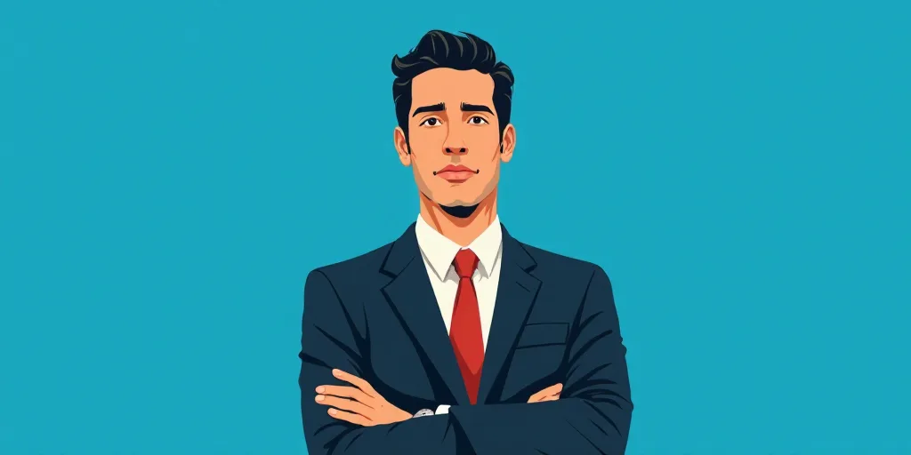a man in a suit and tie standing with his arms crossed in front of him, with a blue background, Carl