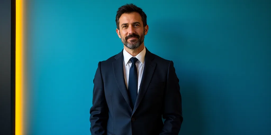 a man in a suit and tie standing in front of a blue background with a black and yellow border, Chris