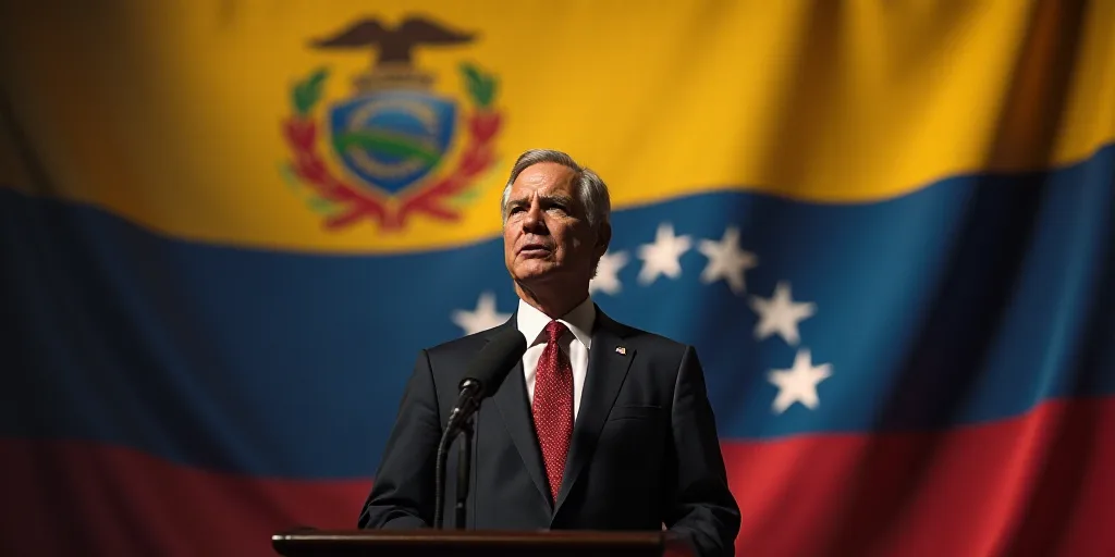 a man in a suit and tie standing in front of a flag of venezuela and a microphone in front of him, D