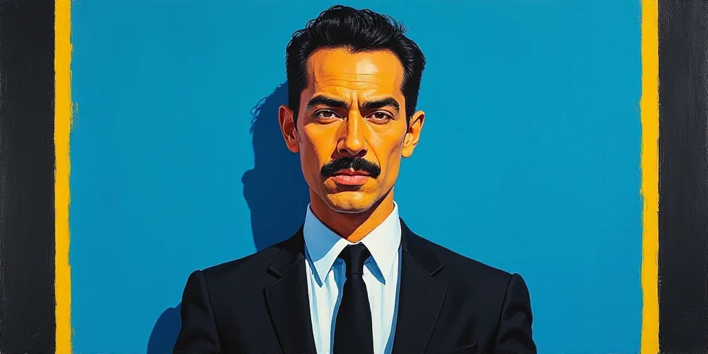 a man in a suit and tie standing in front of a blue background with a black and yellow border, Artur