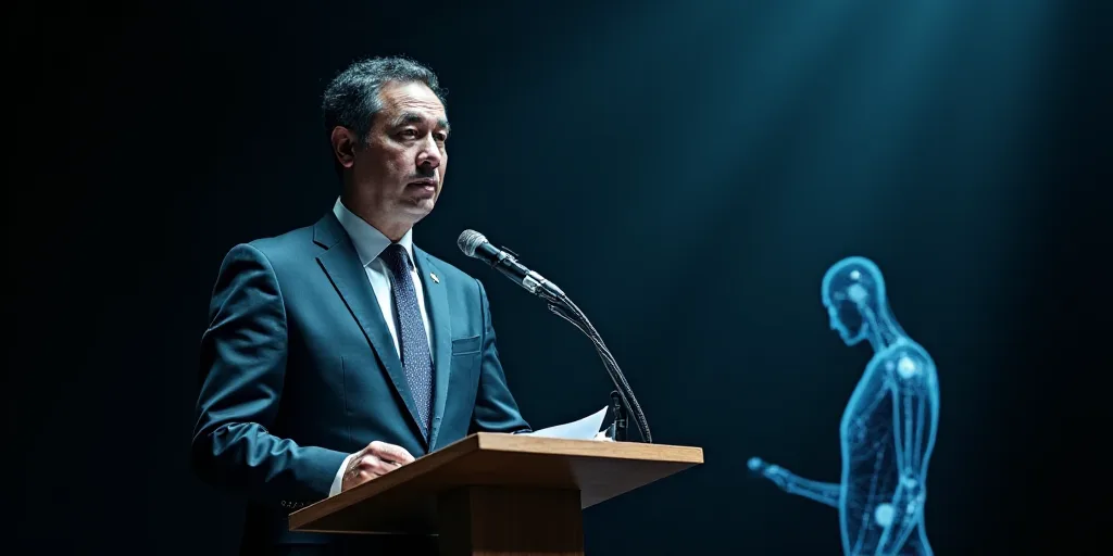 a man in a suit and tie standing at a podium with a microphone in front of him and a microphone in t