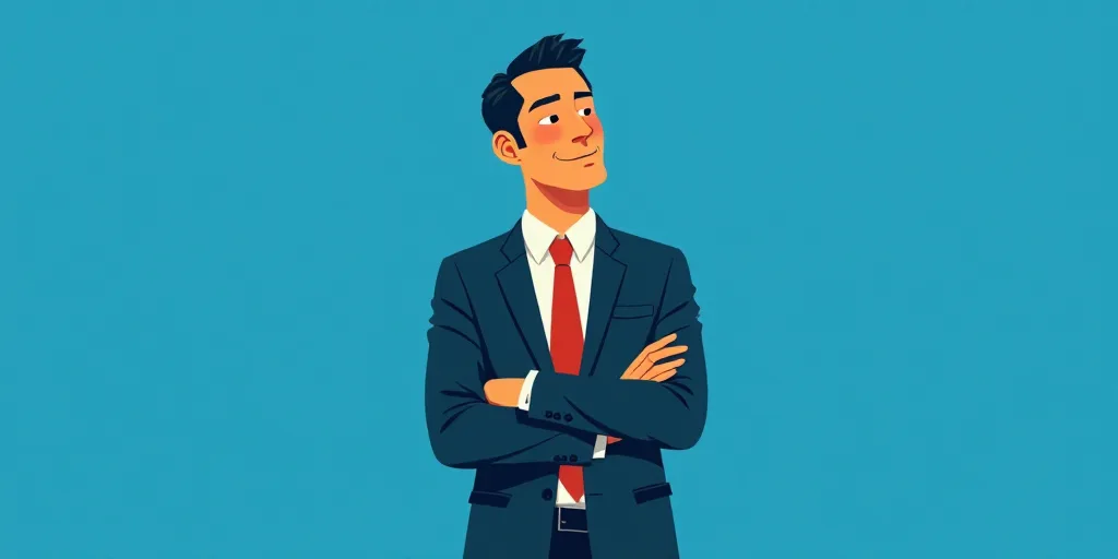 a man in a suit and tie standing with his arms crossed in front of him, with a blue background, Carl