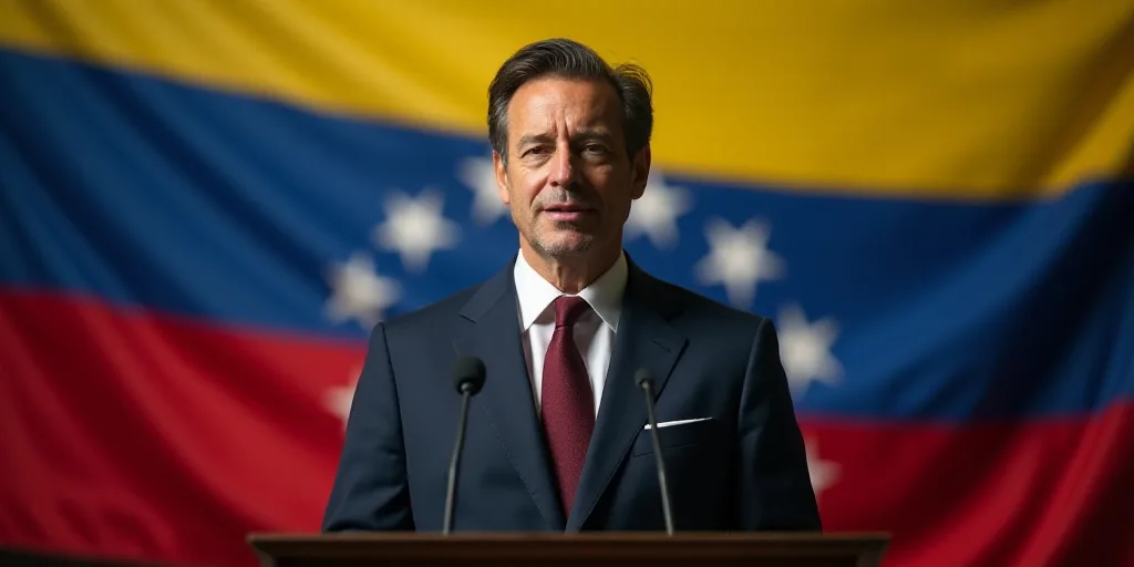 a man in a suit and tie standing in front of a flag of venezuela and a microphone in front of him, D