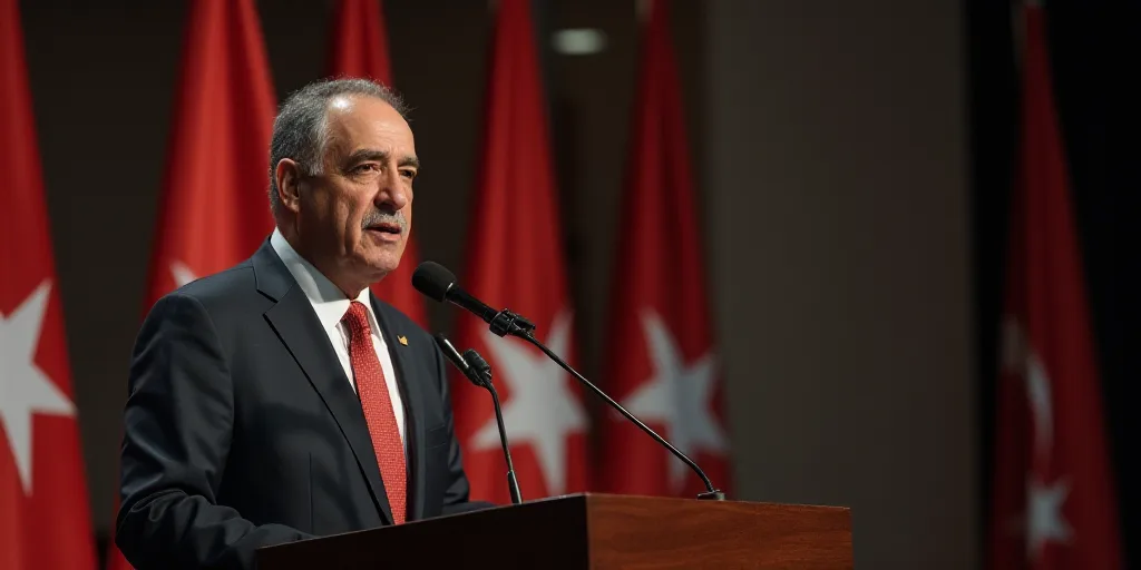 a man in a suit and tie standing at a podium with a microphone in front of him and a flag behind him