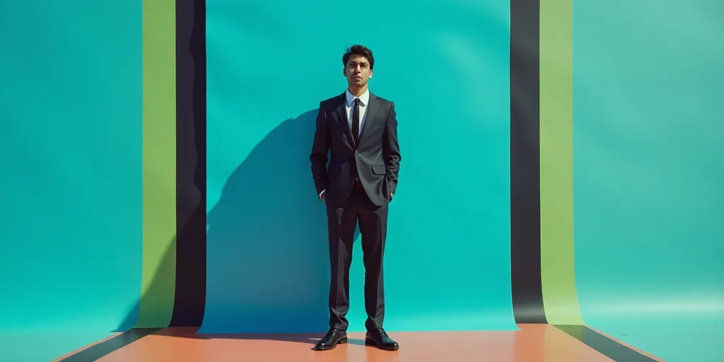 a man in a suit and tie standing in front of a blue background with a black and yellow border, Carlo