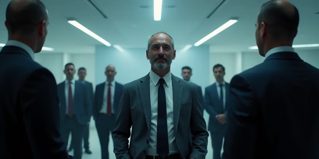 a man in a suit and tie standing in a room with other men in suits and ties around him, Elias Goldbe