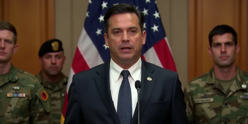 a man in a suit and tie standing in front of a microphone with an american flag behind him and other