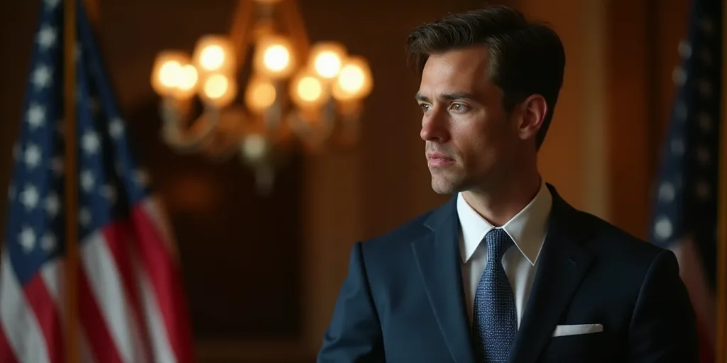 a man in a suit and tie standing in front of a flag and a chandelier with lights, Americo Makk, char