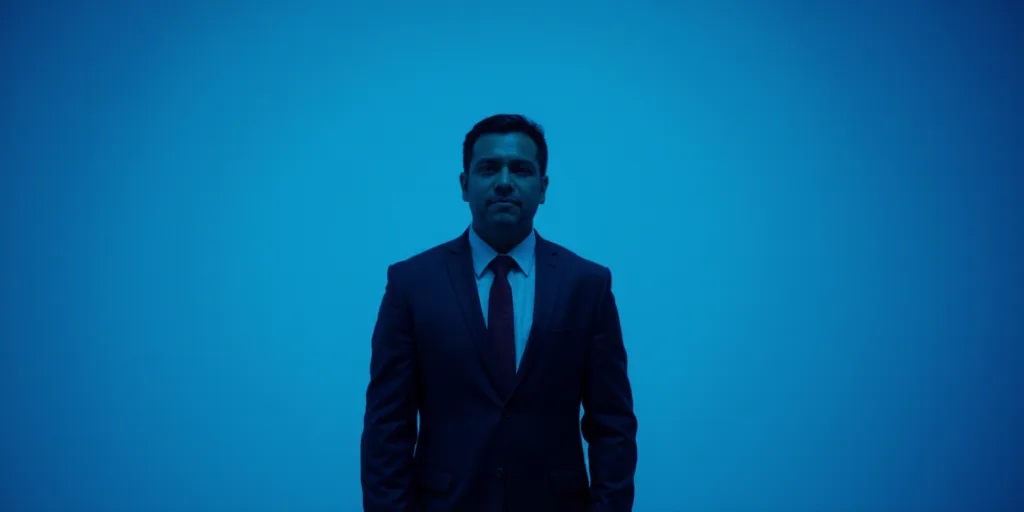 a man in a suit and tie standing in front of a blue background with a caption that reads miguel gonz