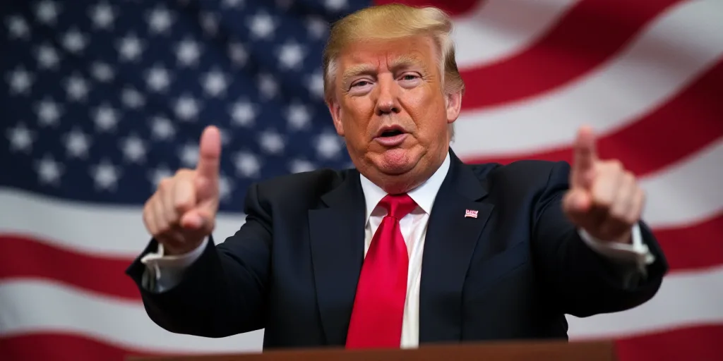 a man in a suit and tie standing in front of a flag with his hands out and pointing at something, Do