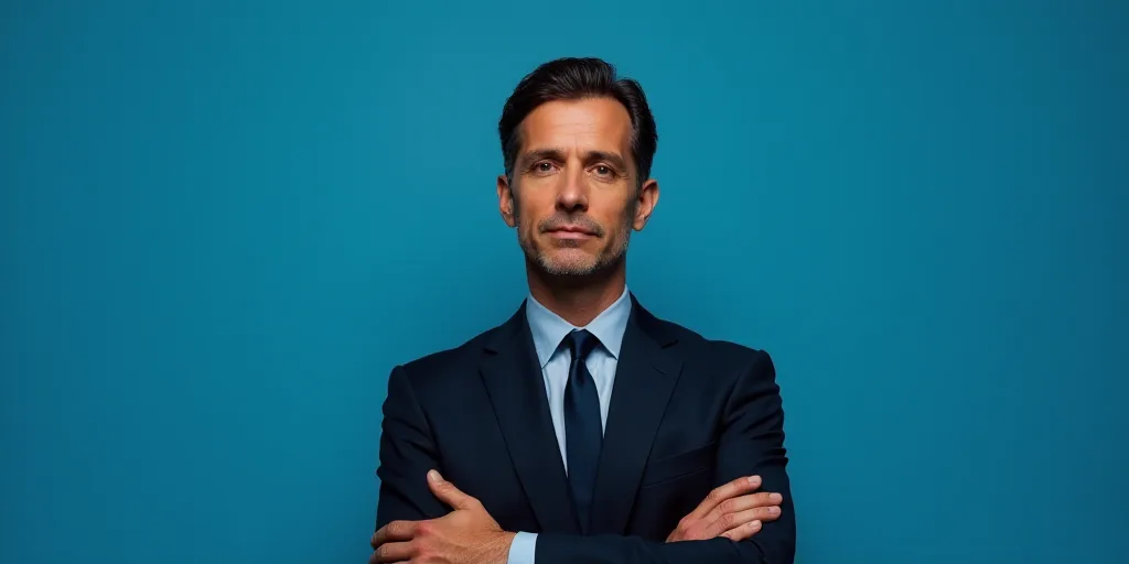 a man in a suit and tie standing with his arms crossed in front of him with a blue background, Estua