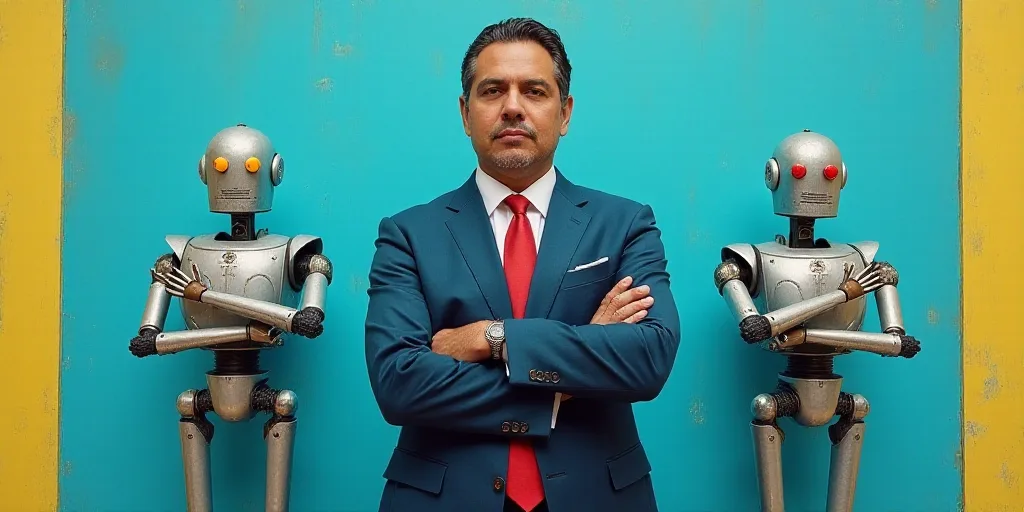 a man in a suit and tie standing with his arms crossed in front of a blue background with a yellow b