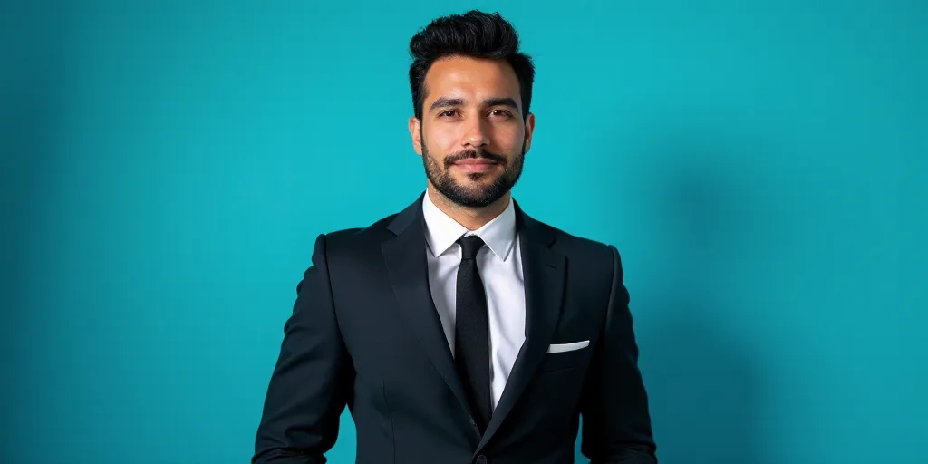 a man in a suit and tie standing in front of a blue background with a black and white photo, Alejand