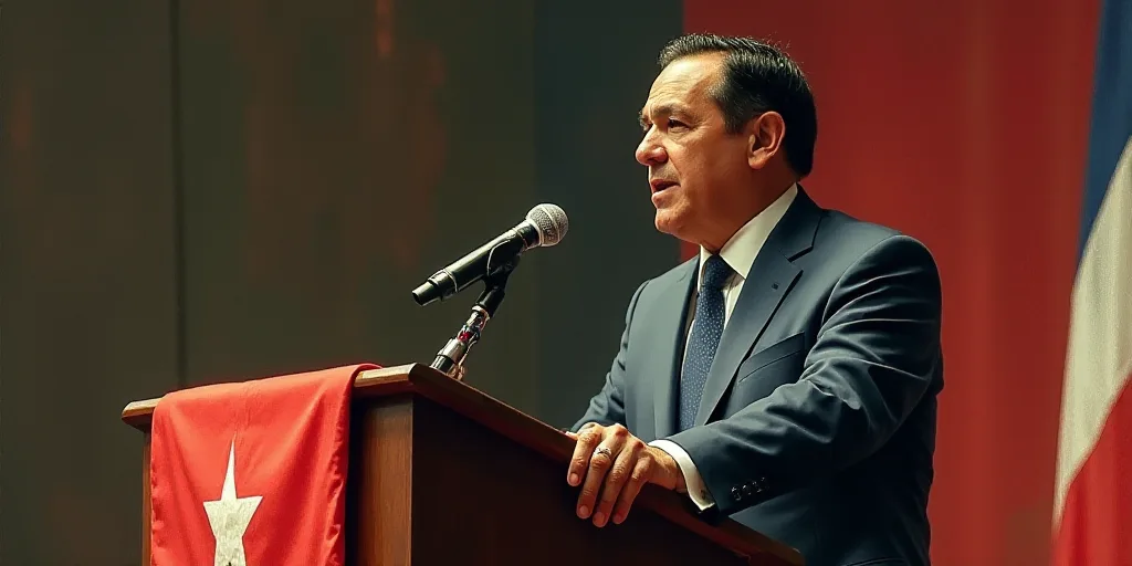 a man in a suit and tie standing at a podium with a flag on it and a microphone in front of him, Est