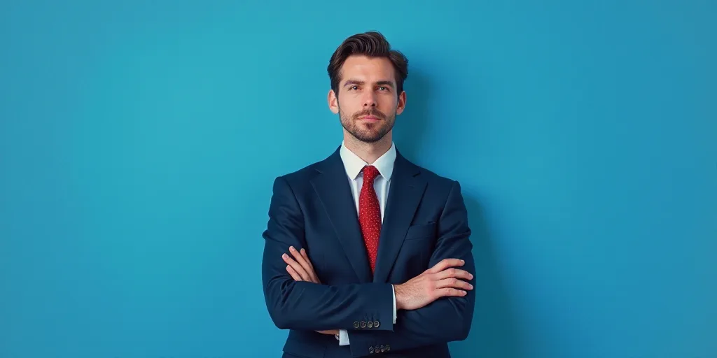 a man in a suit and tie standing with his arms crossed in front of him with a blue background, Anton