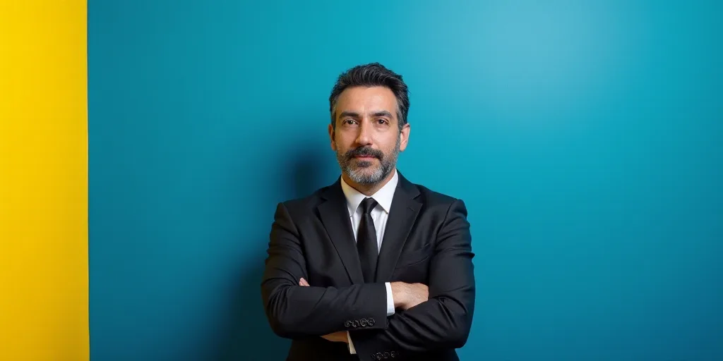 a man in a suit and tie standing in front of a blue background with a yellow border and a black and