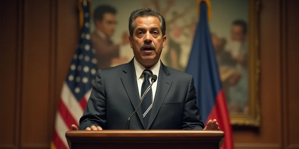 a man in a suit and tie standing at a podium with a microphone in front of him and a poster behind h