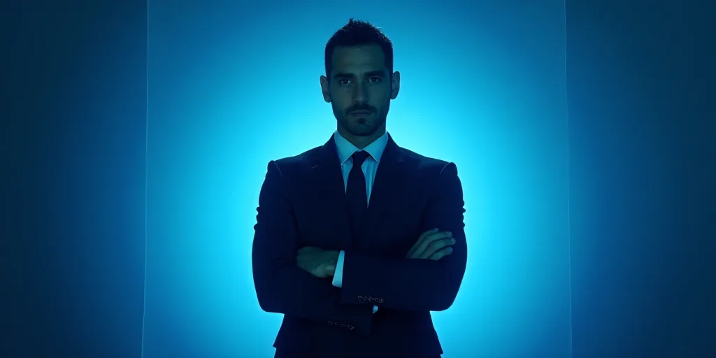 a man in a suit and tie standing with his arms crossed in front of him with a blue background, Enriq