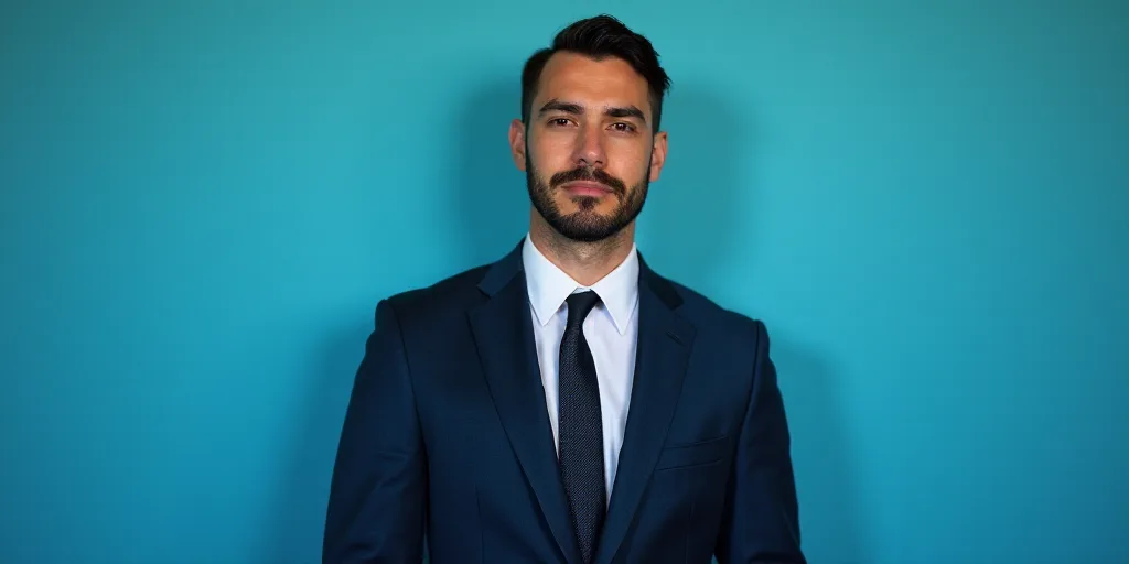 a man in a suit and tie standing in front of a blue background with a black and white photo, Alejand