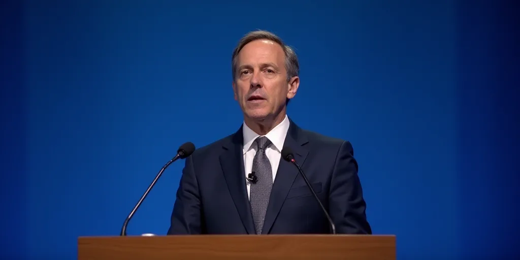 a man in a suit and tie standing at a podium with a microphone in front of him and a blue backdrop,