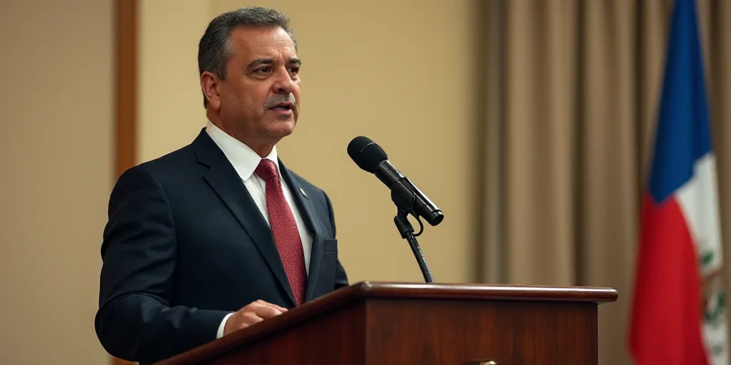 a man in a suit and tie standing at a podium with a flag on it and a microphone in front of him, Est
