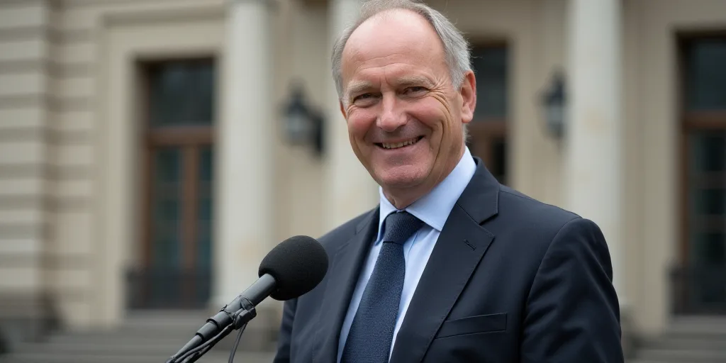 a man in a suit and tie standing in front of a microphone and smiling at the camera with a building