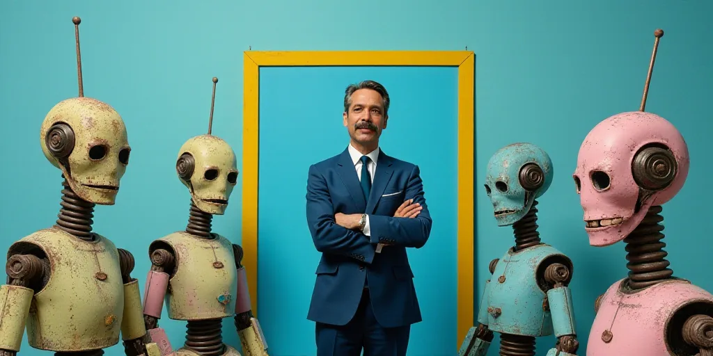 a man in a suit and tie standing with his arms crossed in front of a blue background with a yellow b