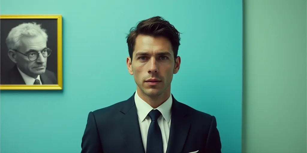 a man in a suit and tie standing in front of a blue background with a yellow border and a black and
