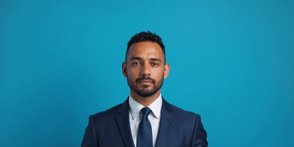 a man in a suit and tie standing in front of a blue background with a caption that reads, louis migu