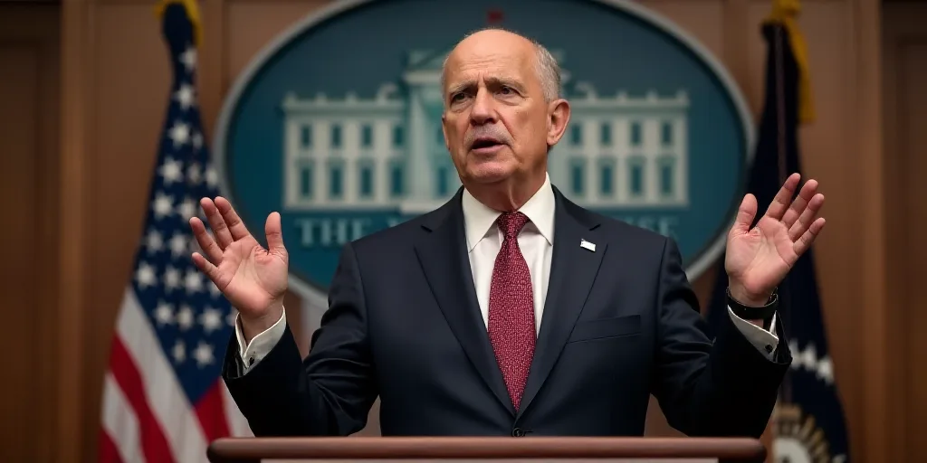 a man in a suit and tie standing at a podium with his hands raised in front of him and a white house