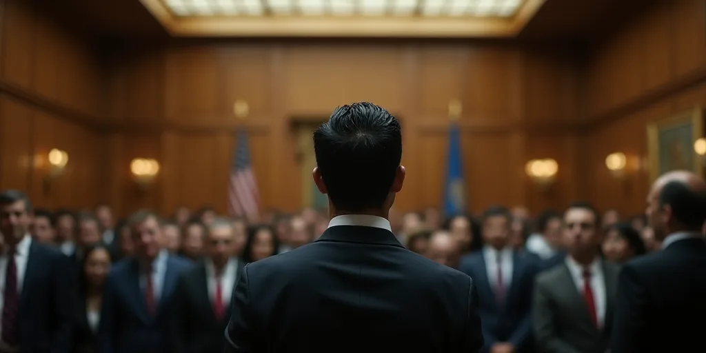 a man in a suit and tie standing in front of a crowd of people in a building with a wooden ceiling,