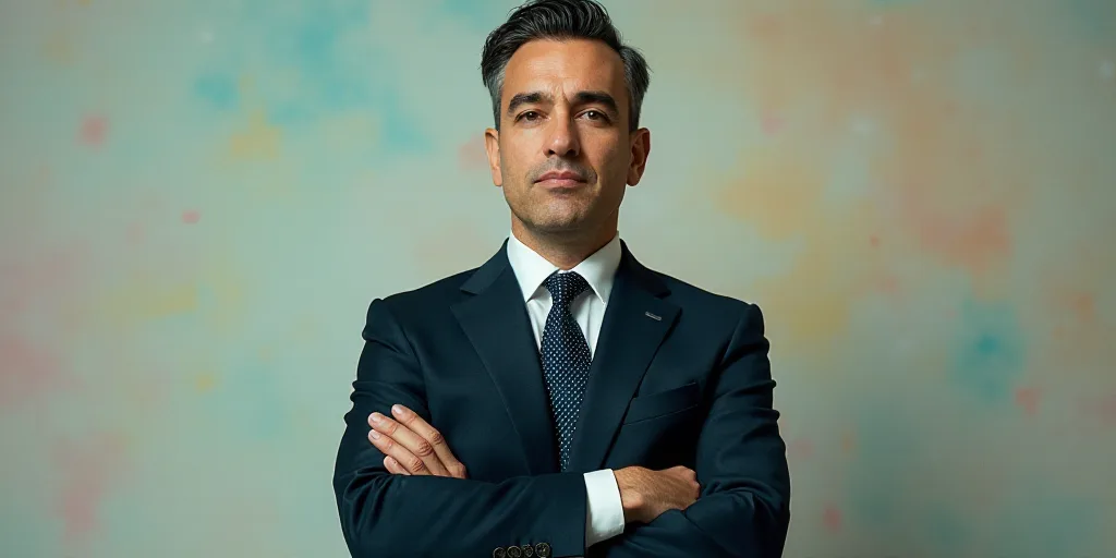 a man in a suit and tie standing with his arms crossed in front of him, with the caption of a photo