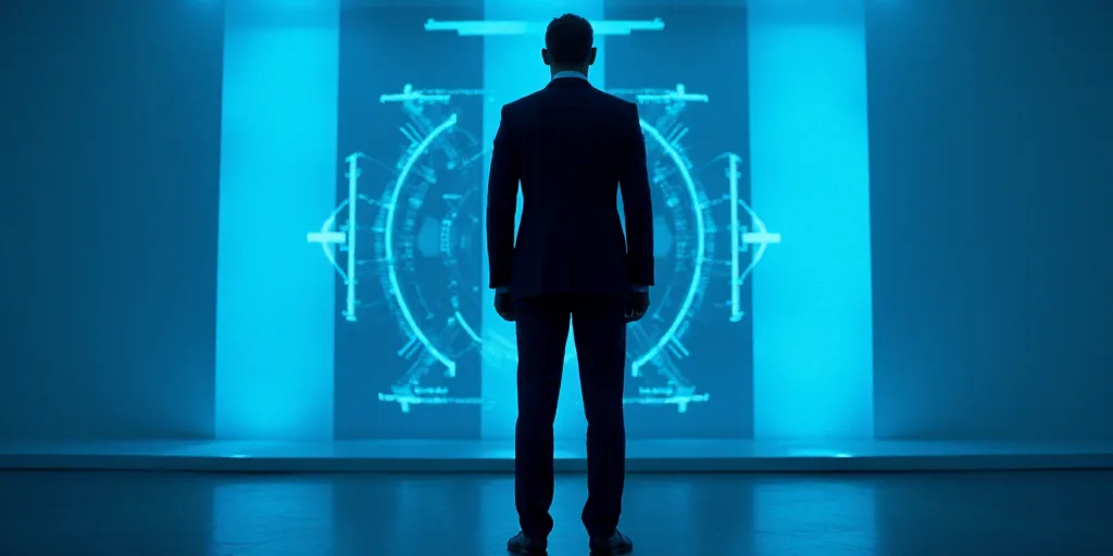 a man in a suit and tie standing in front of a blue background with a black and white photo, Edward