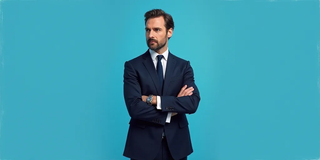 a man in a suit and tie standing with his arms crossed in front of him with a blue background, Anton