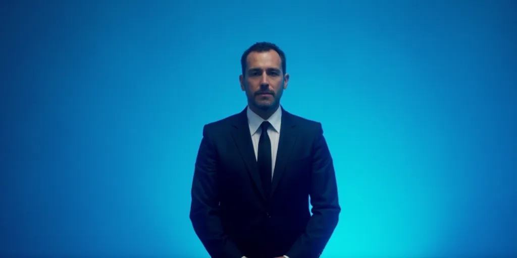 a man in a suit and tie standing in front of a blue background with the words antonio ai showbiz, An