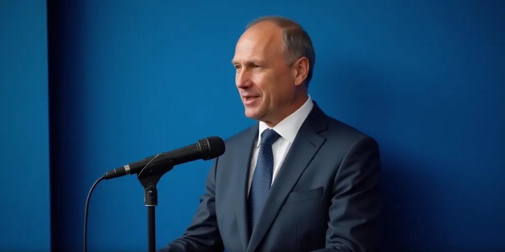 a man in a suit and tie standing in front of a blue wall with a microphone in front of him, Boris Vl