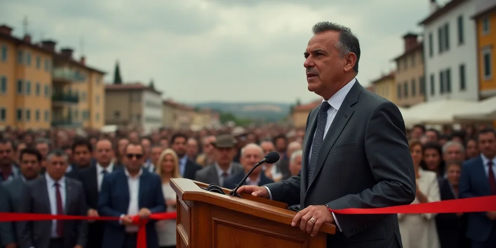 a man in a suit and tie standing at a podium with a ribbon in front of him and a crowd of people beh