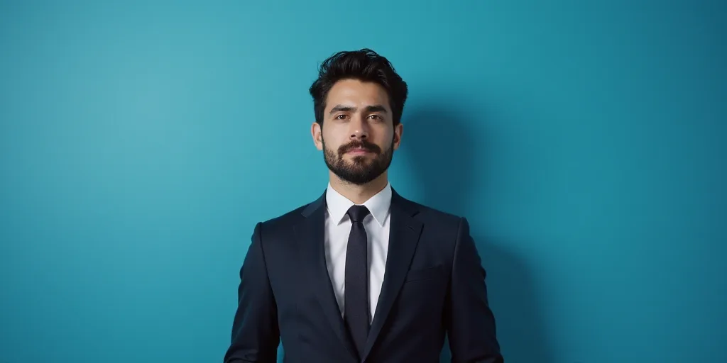 a man in a suit and tie standing in front of a blue background with a black and white photo, Alejand