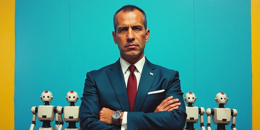 a man in a suit and tie standing with his arms crossed in front of a blue background with a yellow b