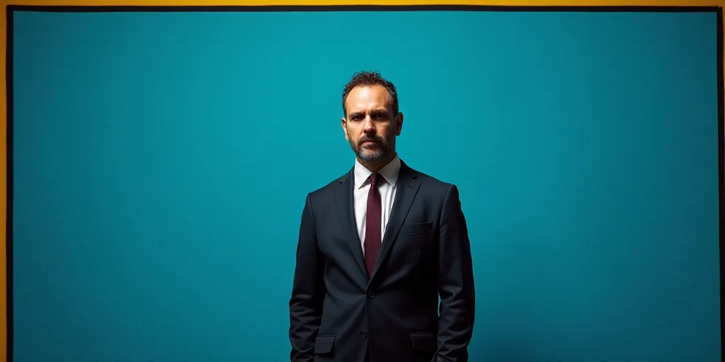 a man in a suit and tie standing in front of a blue background with a black and yellow border, Chris