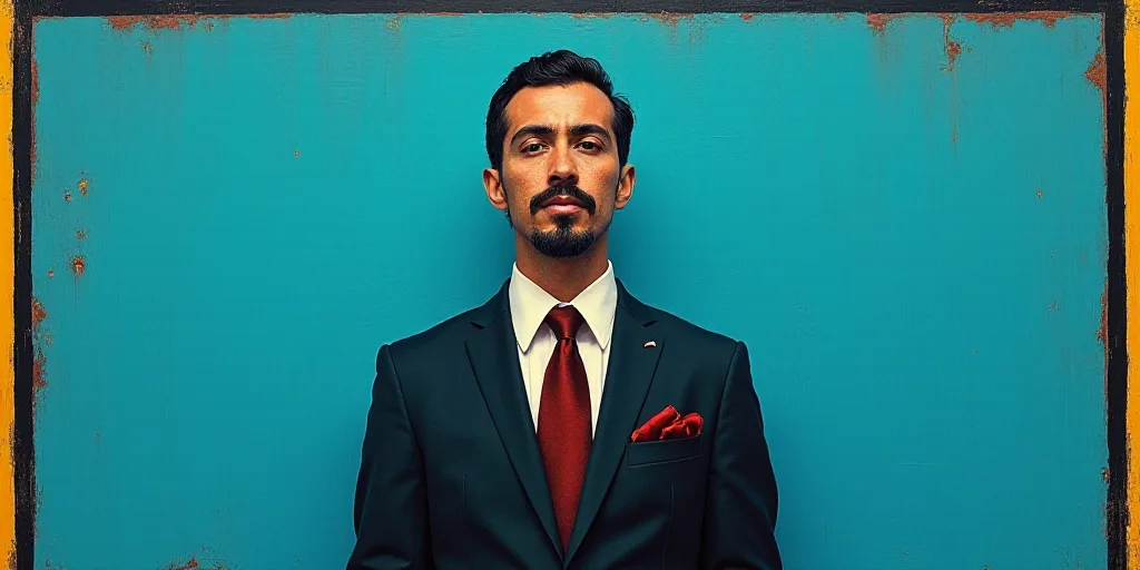 a man in a suit and tie standing in front of a blue background with a black and yellow border, Artur