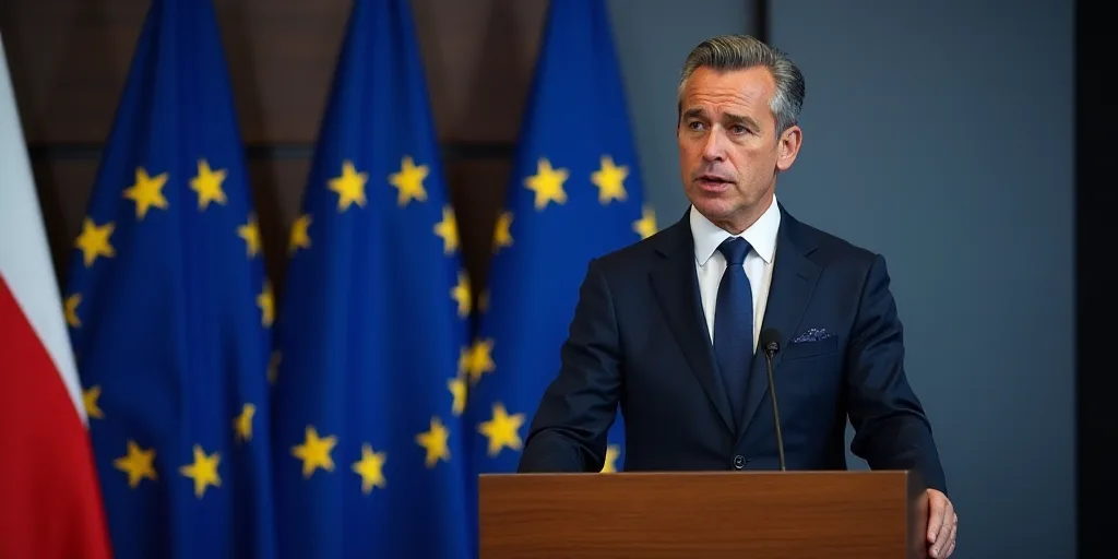 a man in a suit and tie standing at a podium with a microphone in front of him and a european flag b