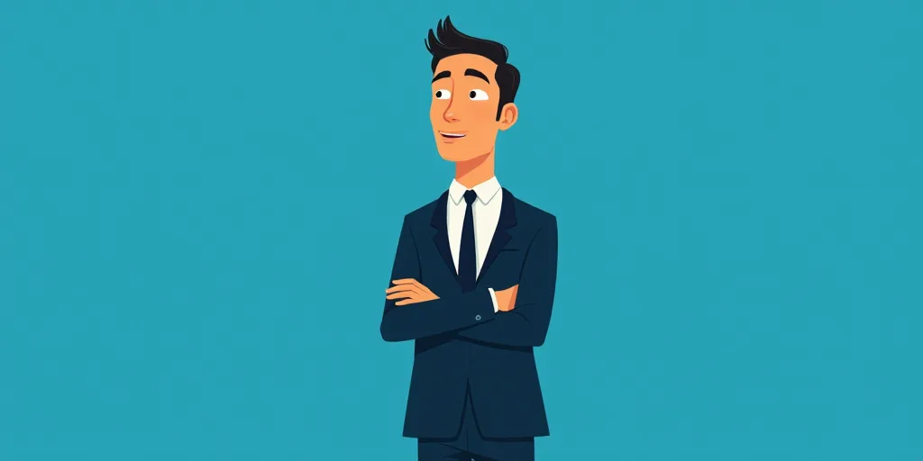 a man in a suit and tie standing with his arms crossed in front of him, with a blue background, Carl