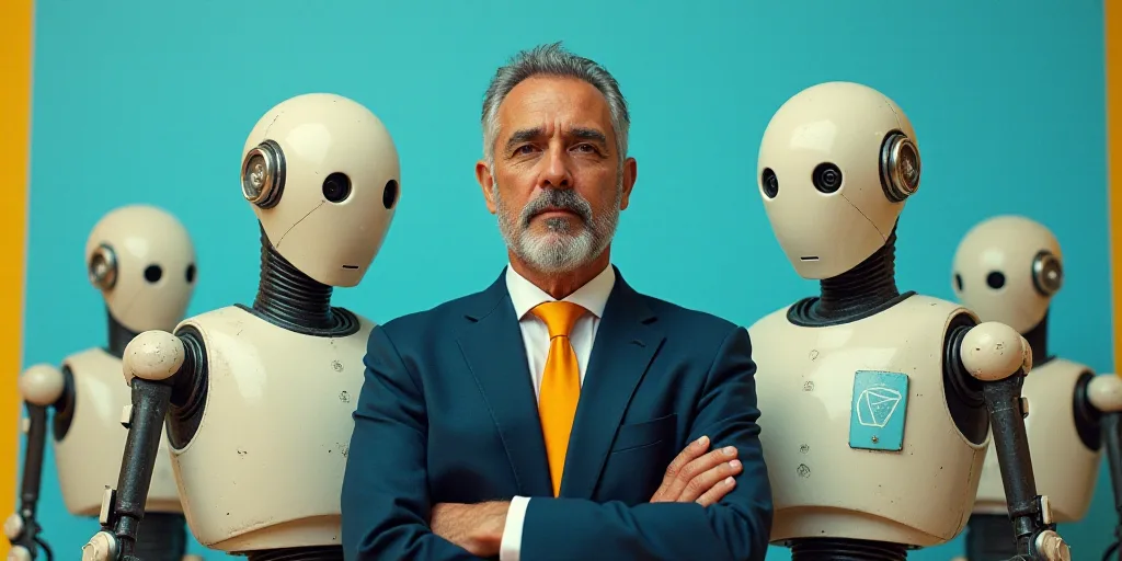 a man in a suit and tie standing with his arms crossed in front of a blue background with a yellow b