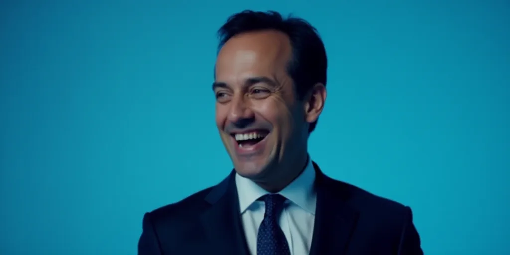 a man in a suit and tie standing in front of a blue background with a caption that reads, louis migu
