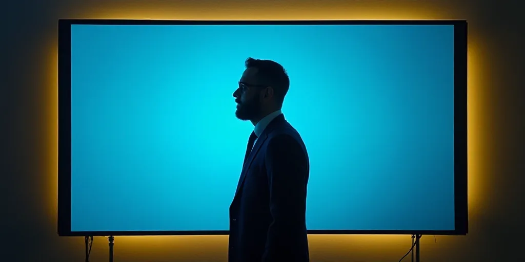 a man in a suit and tie standing in front of a blue background with a black and yellow border, Eduar
