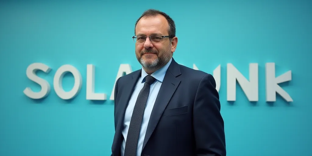 a man in a suit and tie standing in front of a blue background with the words paul marinez solares,