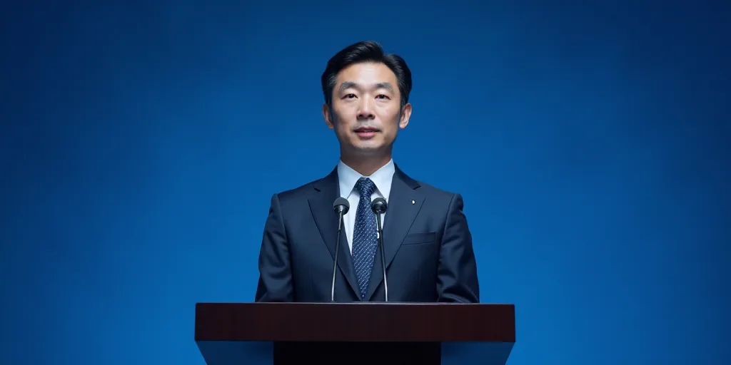 a man in a suit and tie standing at a podium with a microphone in front of him and a blue backdrop,