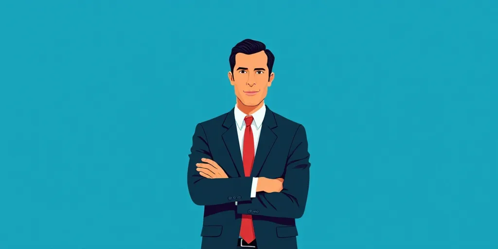 a man in a suit and tie standing with his arms crossed in front of him, with a blue background, Carl