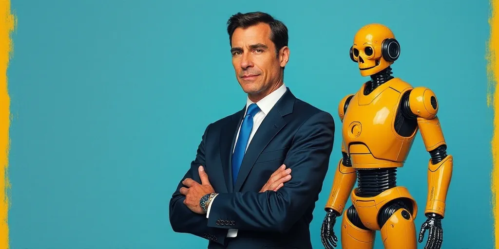 a man in a suit and tie standing with his arms crossed in front of a blue background with a yellow b
